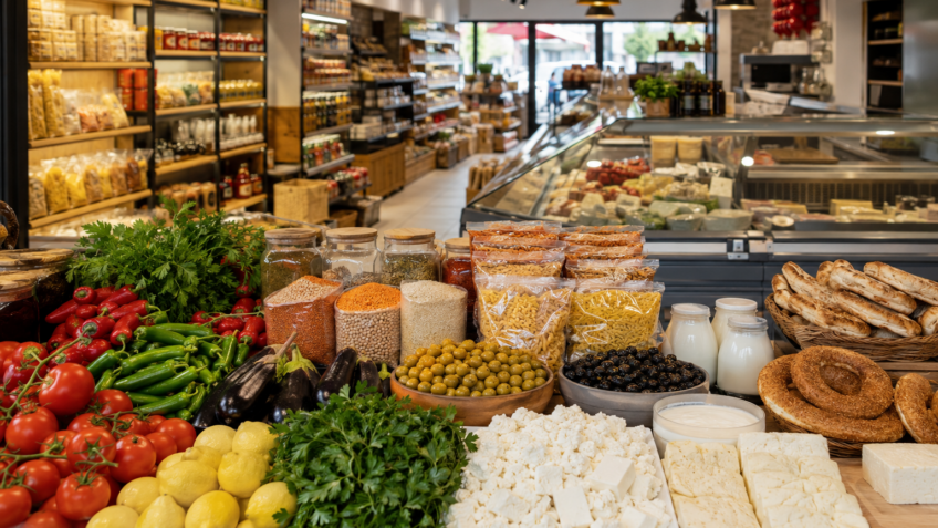 Sortiment in einem türkischen Supermarkt mit Gemüse, Hülsenfrüchten, Oliven, Käse und Backwaren